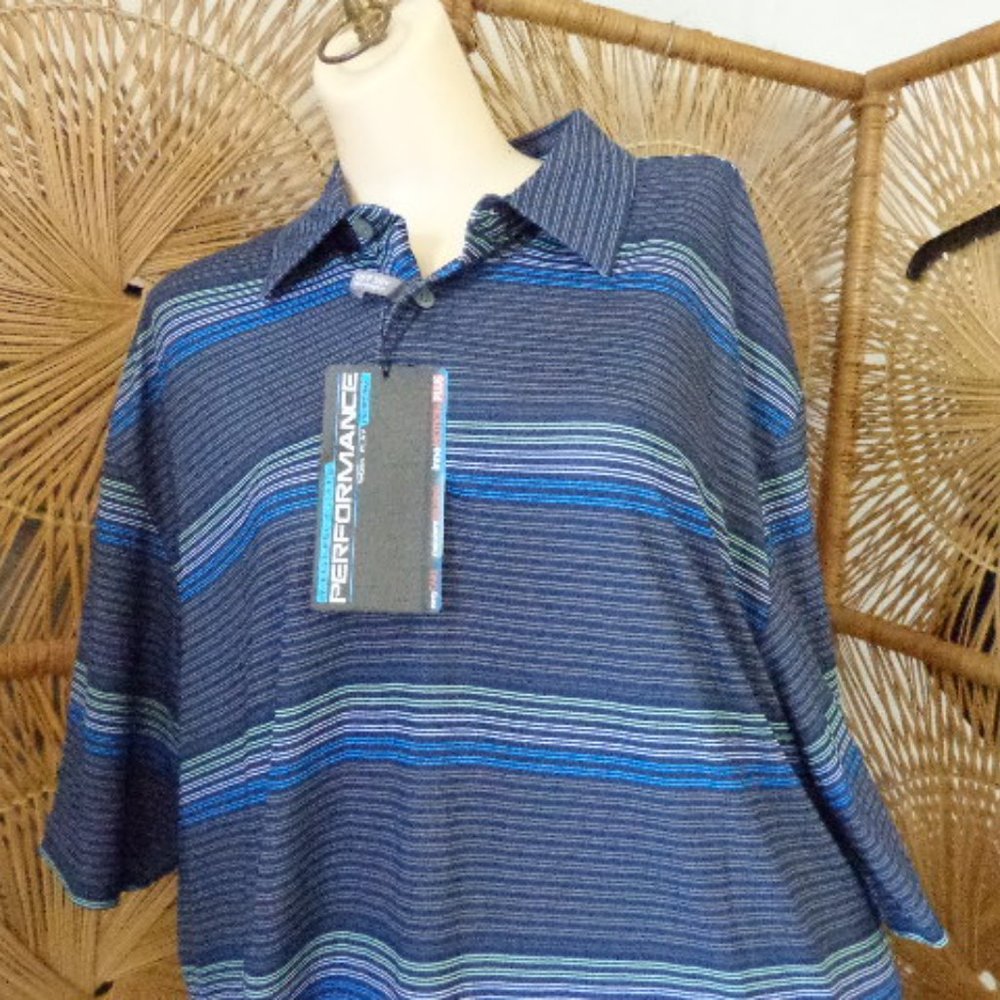 NWT 50 UPF Navy Striped Golf Polo Shirt L Blue Green White Stripes